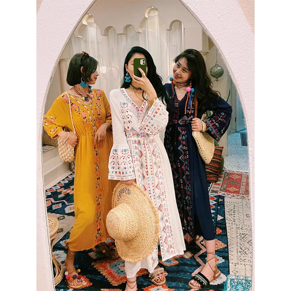 Váy vintage dáng dài đầm maxi thêu họa tiết thổ cẩm chất đũi nhật  size đến 70kg