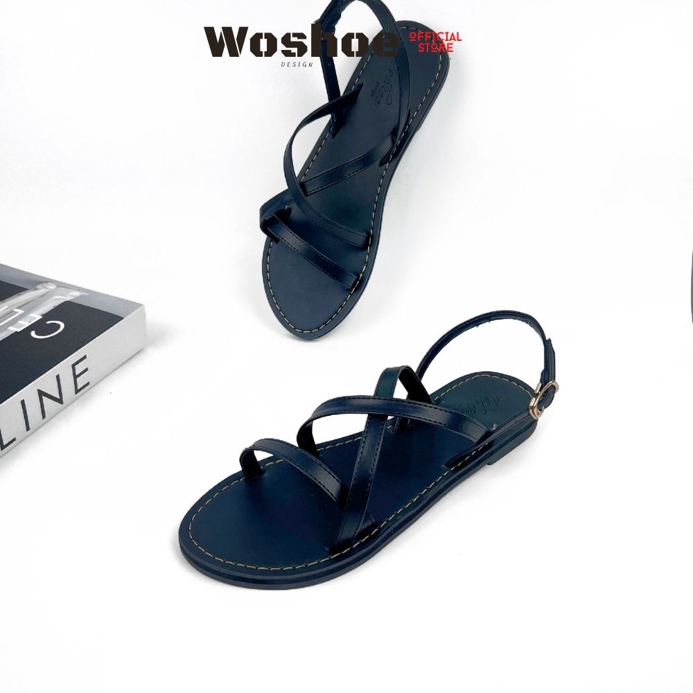 Giày sandal nữ quai chéo WOSHOE full đen đế bệt cao cấp hàn quốc bigsize 34-42