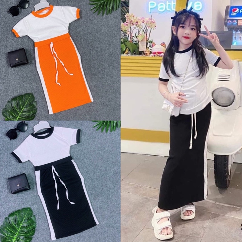 Set Áo Thun Chân Váy Dài Cho Bé Gái Thời Trang