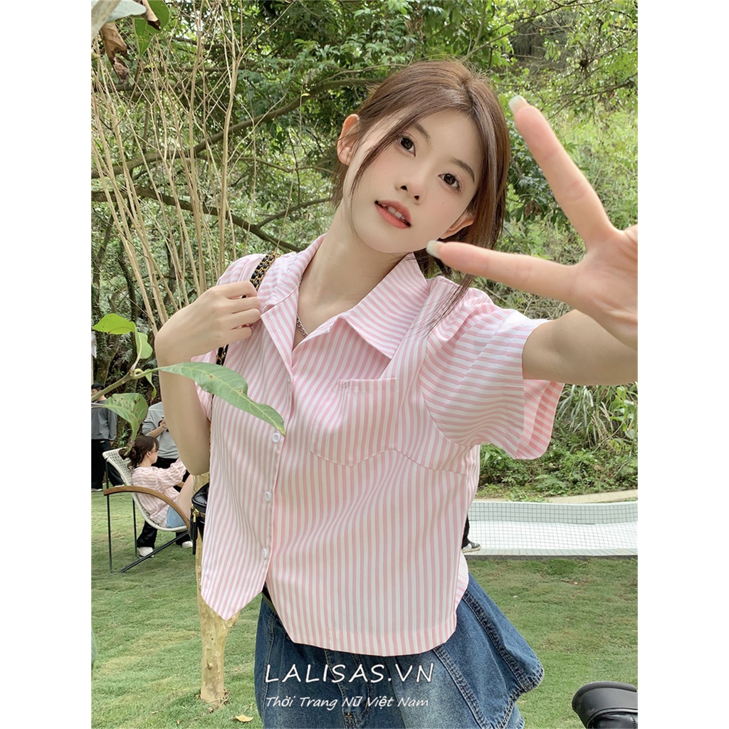 Lalisas Áo Sơ Mi Ngắn Tay Họa Tiết Kẻ Sọc Thời Trang Hàn Quốc Dành Cho Nữ