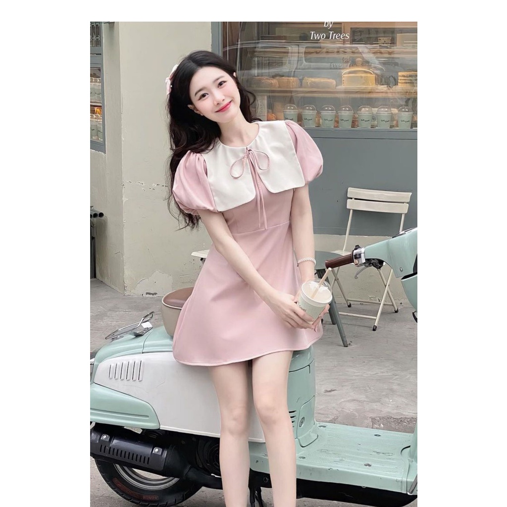 Váy tay bồng dự tiệc dáng ngắn, Đầm tiểu thư babydoll ulzzang cổ bèo thủy thủ dễ thương ladyquangchau