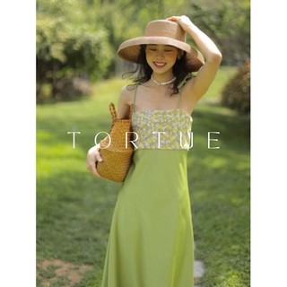 [Sẵn M] V102 Đầm váy dài maxi lụa hai dây màu xanh bơ kết hoa hồng đi biển phong cách Retro Vintage Taobao mới 2023