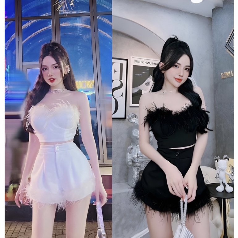 Set áo cúp ngực viền lông + quần short viền lông(có ảnh thiệt)