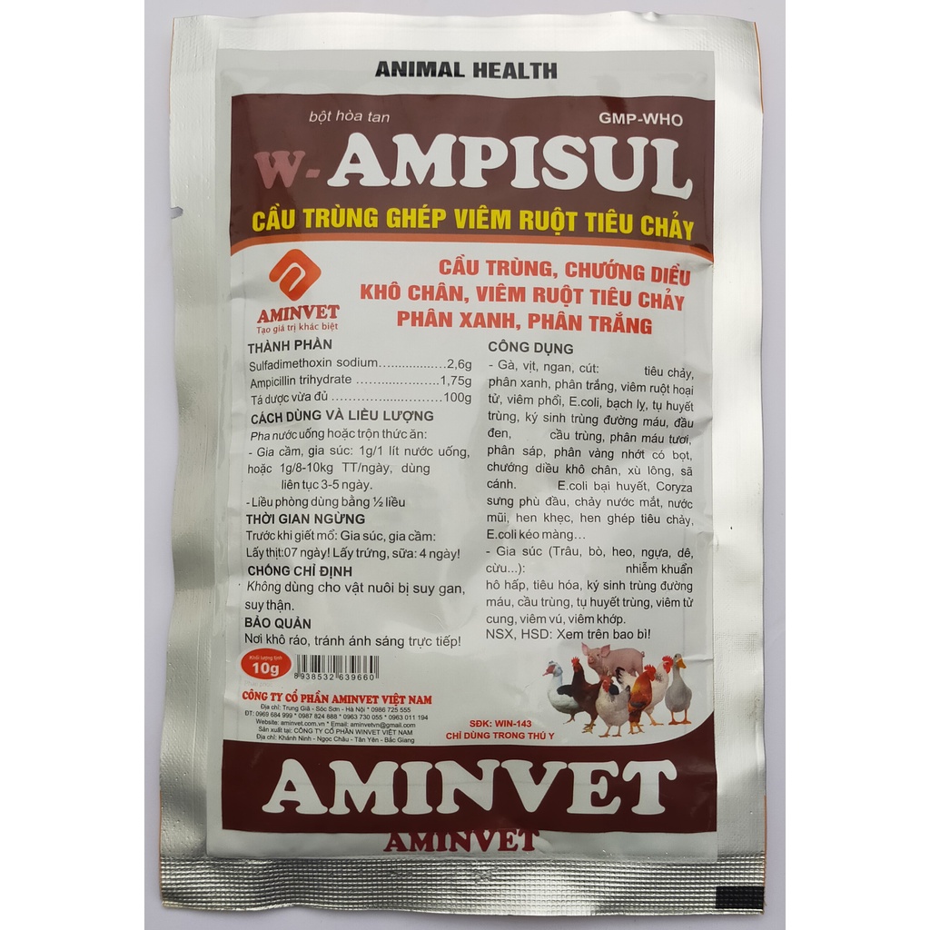 1 gói 10g AMPISUL Dùng tốt cho gia súc, gia cầm và các loại vật nuôi