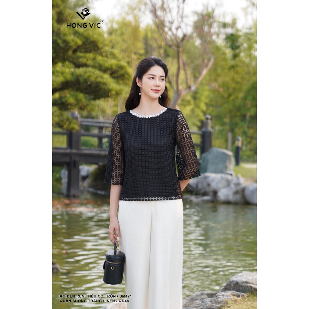 Áo đen ren nữ thiết kế Hong Vic thêu cổ tròn SM471