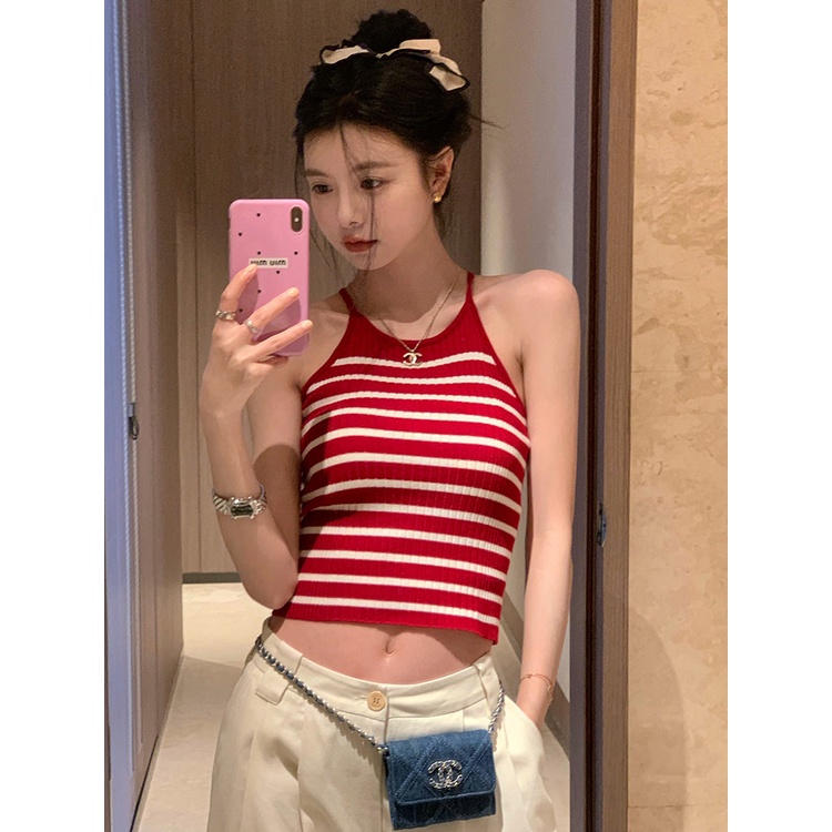 Áo Hai Dây Dệt Kim Dáng Ngắn Hở Lưng Gợi Cảm Cho Nữ