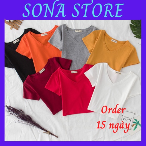 Áo phông nữ thun cotton croptop chất đẹp dáng ôm body cổ v tim cộc tay ngắn Hàn quốc cao cấp mềm mịn thoáng khí AP19