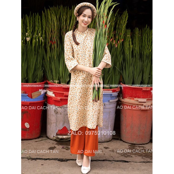 Áo dài nàng thơ MIXI, áo dài dáng suông tay lỡ họa tiết hoa nhí lụa Hàng Châu cao cấp mềm mát chụp hình cực đẹp