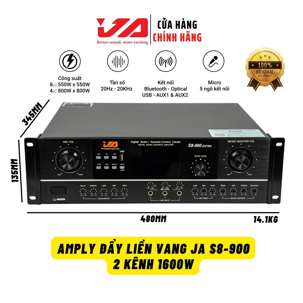 Đẩy Liền Vang JA S8-900 Extra Chính Hãng 2 Kênh 1600W-Nguồn Xuyến, Chống Hú, Bluetooth, Usb, Optical - JA Audio