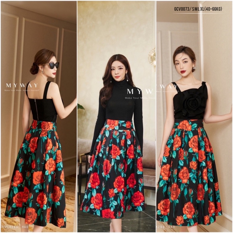 gcv0073 chân váy xòe hoa hồng dáng dài chất chéo thái