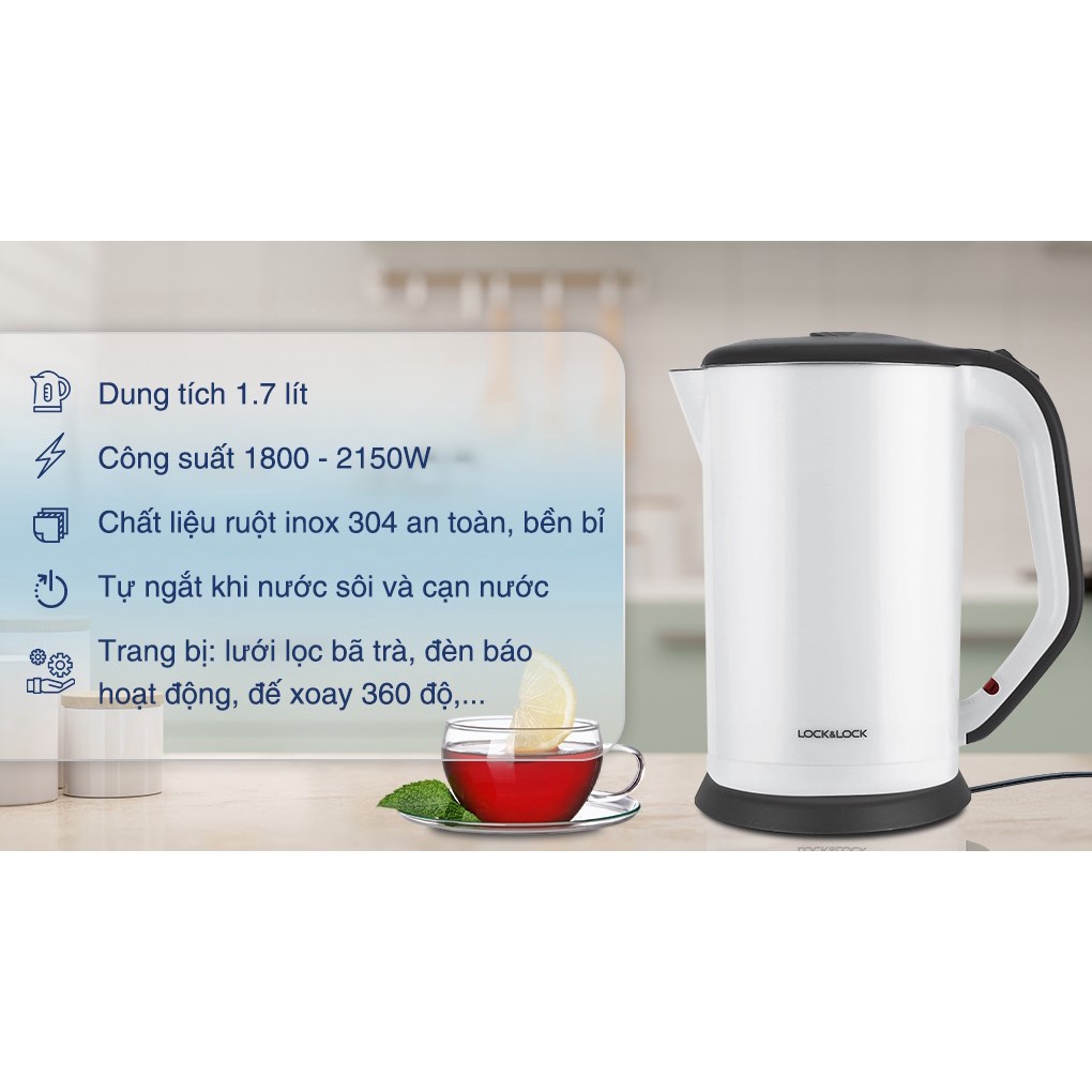Ấm Đun Siêu Tốc Lock&Lock 2 Lớp EJK738WHT  - Hàng Chính Hãng, Bảo Hành 12 Tháng