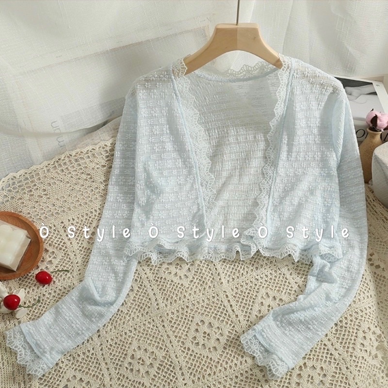 Áo khoác ren mỏng hoa nổi không nút viền bèo