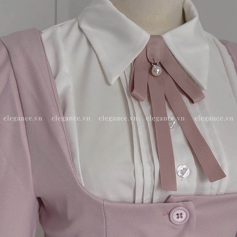 Set áo sơmi croptop kiểu dài tay layer vest hồng đáng yêu + chân váy ngắn thời trang nữ sinh Hàn Quốc