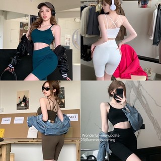 Set áo croptop bra 2 dây chéo lưng + quần legging / biker ngố