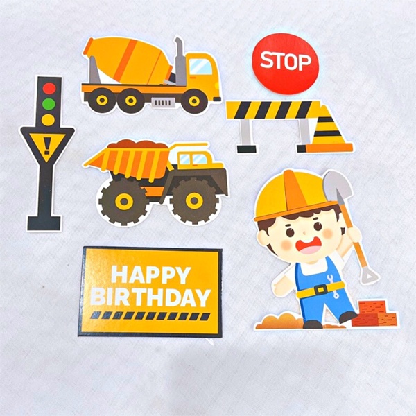 SP070111 - trang trí bánh que giấy HPBD Kỹ sư + xe công trình (túi 2 bộ)