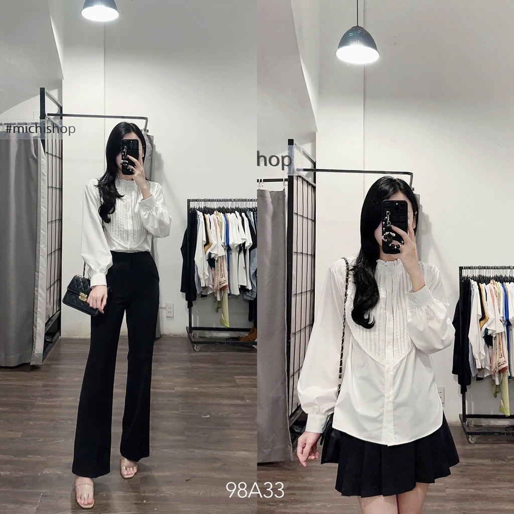 Áo sơ mi cổ viền bèo xếp ly ngực màu trắng - 98A33