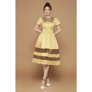 Đầm Xoè Dự Tiệc Phi Mờ Phối Lưới Caro