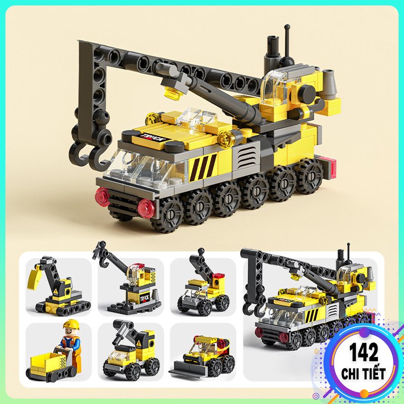 Bộ đồ chơi lắp ráp xe cần cẩu 142 chi tiết, xếp hình xe tăng, máy bay, tàu chiến, xe đua đồ chơi cho bé trai