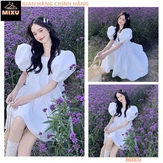 Váy babydoll trắng cổ vuông tay bồng dáng rộng, Đầm xòe nữ tiểu thư dáng ngắn phong cách hàn quốc ulzzang - MIXU