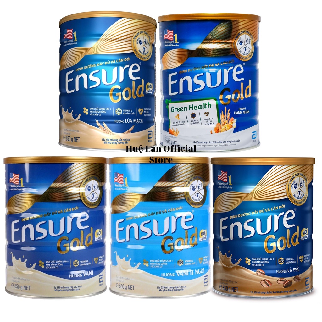 Sữa bột abbott Ensure gold HMB hương vani ít đường, lúa mạch, cà phê, hạnh nhân hộp 850g