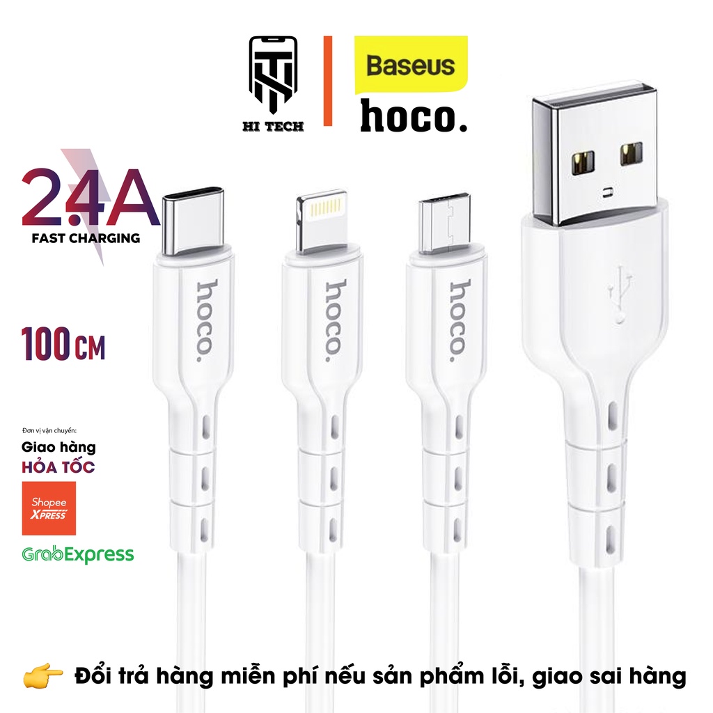 Dây sạc nhanh HOCO DU01, sạc nhanh 2.4A dành cho android, ios chuyển đổi từ USB sang micro-type-c-nightling,dây dài 1m.