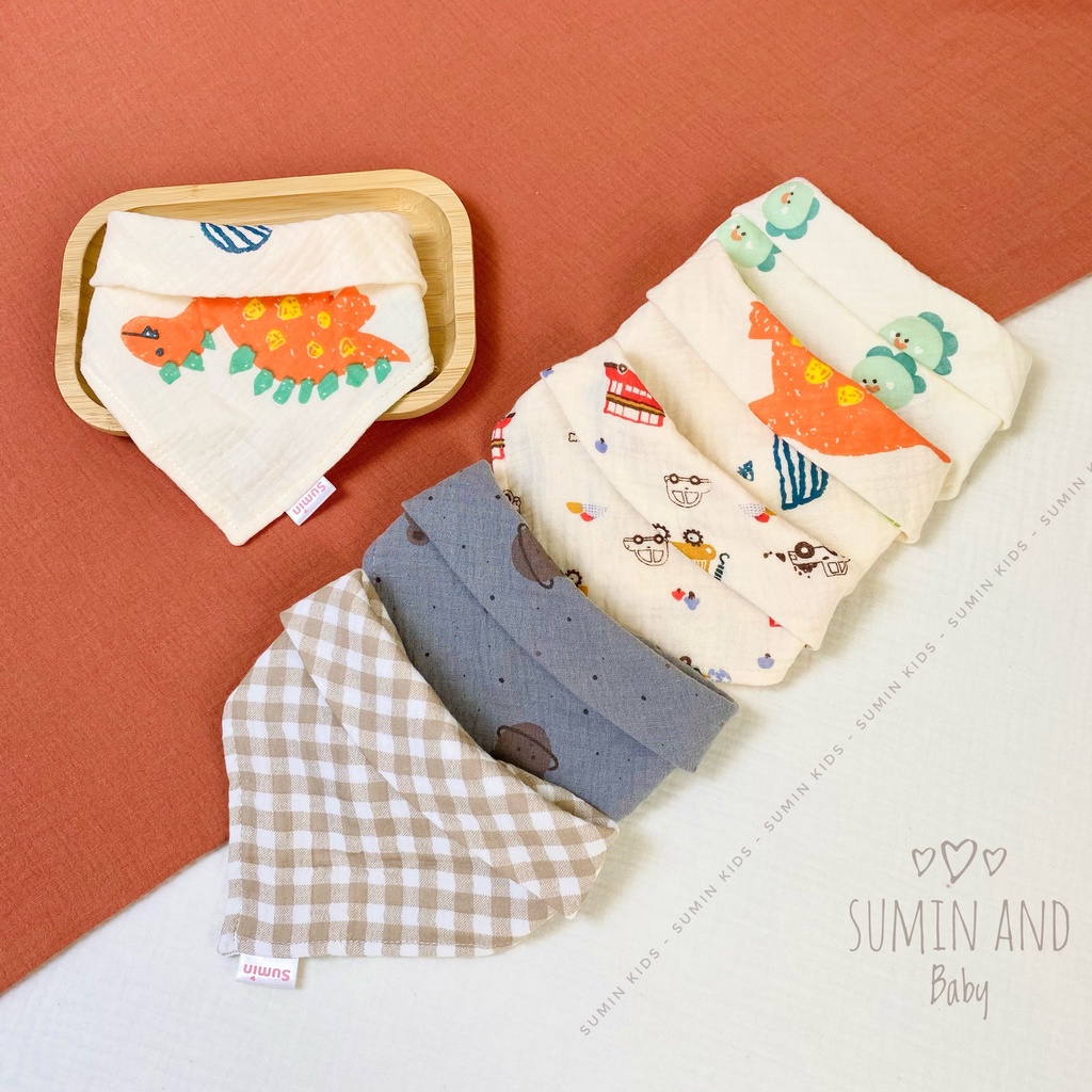 Khăn yếm xô tam giác Muslin Organic Sumin 4 lớp cao cấp cho bé sơ sinh, bé trai, bé gái