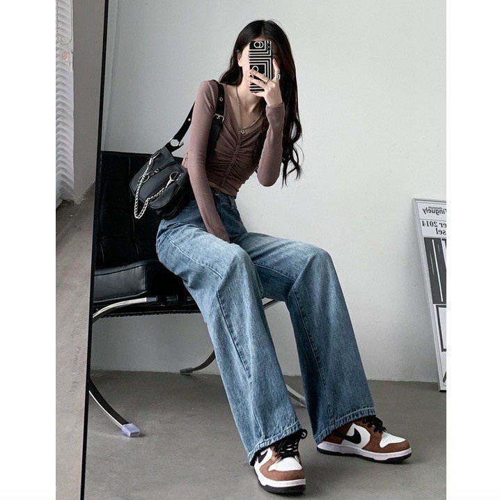 Quần Jean Nữ Màu Xanh Retro Ống Rộng Lưng Cao Uzllang Mặc Lên Cực Tôn Dáng Siêu Hot - 552