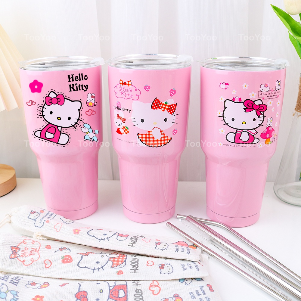 Ly giữ nhiệt Hello Kitty dễ thương inox 304 tặng kèm bộ ống hút 4 món HK0008