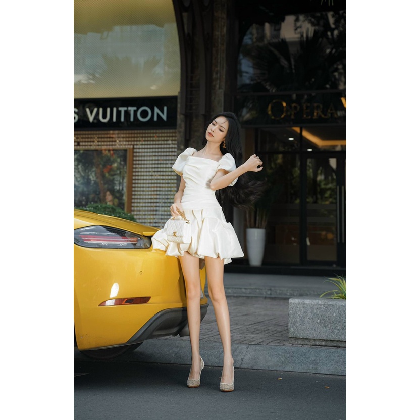 [4.4 Sales Freeship] Đầm cổ vuông tay phồng dáng xòe bồng bềnh chất tapda, đầm nữ đi tiệc chiết eo dáng ngắn quyến rũ dx