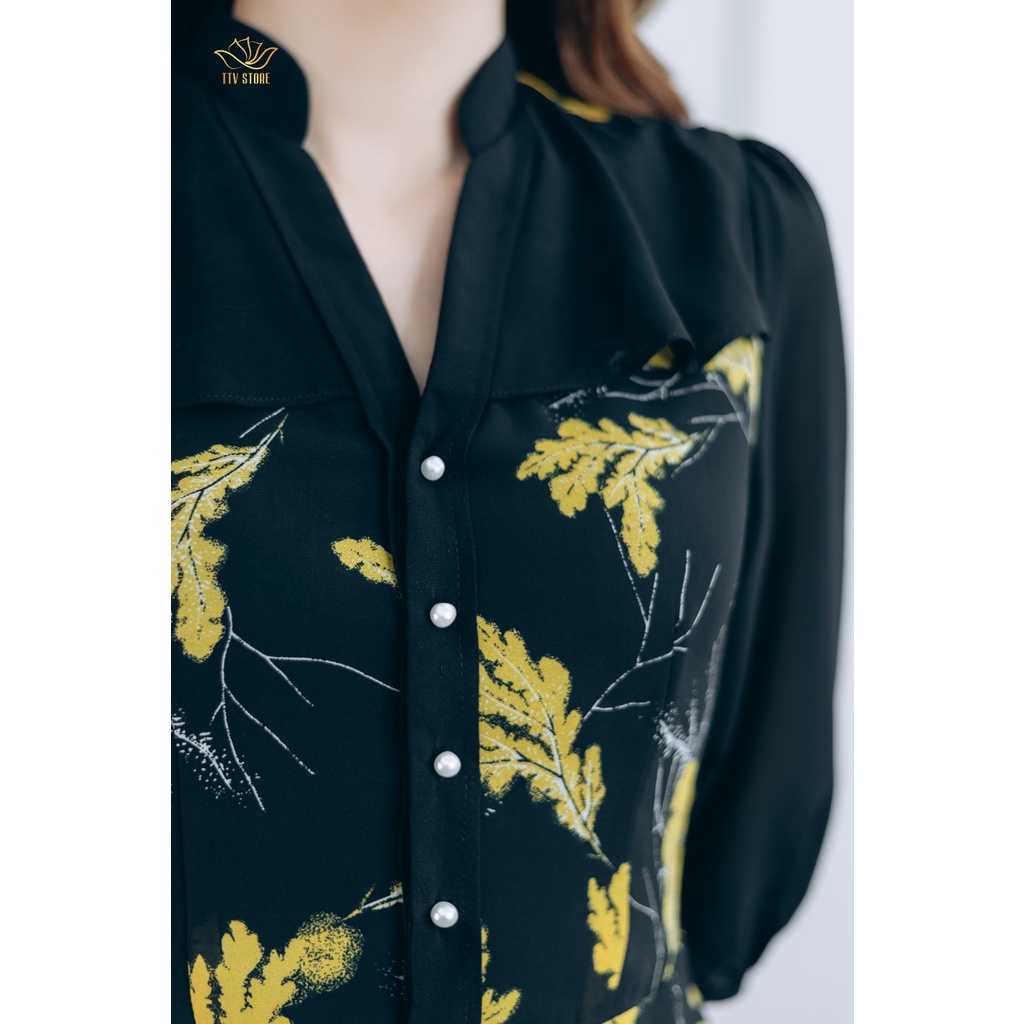 Đầm form A thiết kế TTV1303 thời trang Cổ trụ kết ngọc tay lỡ màu Đen lá vàng trẻ trung