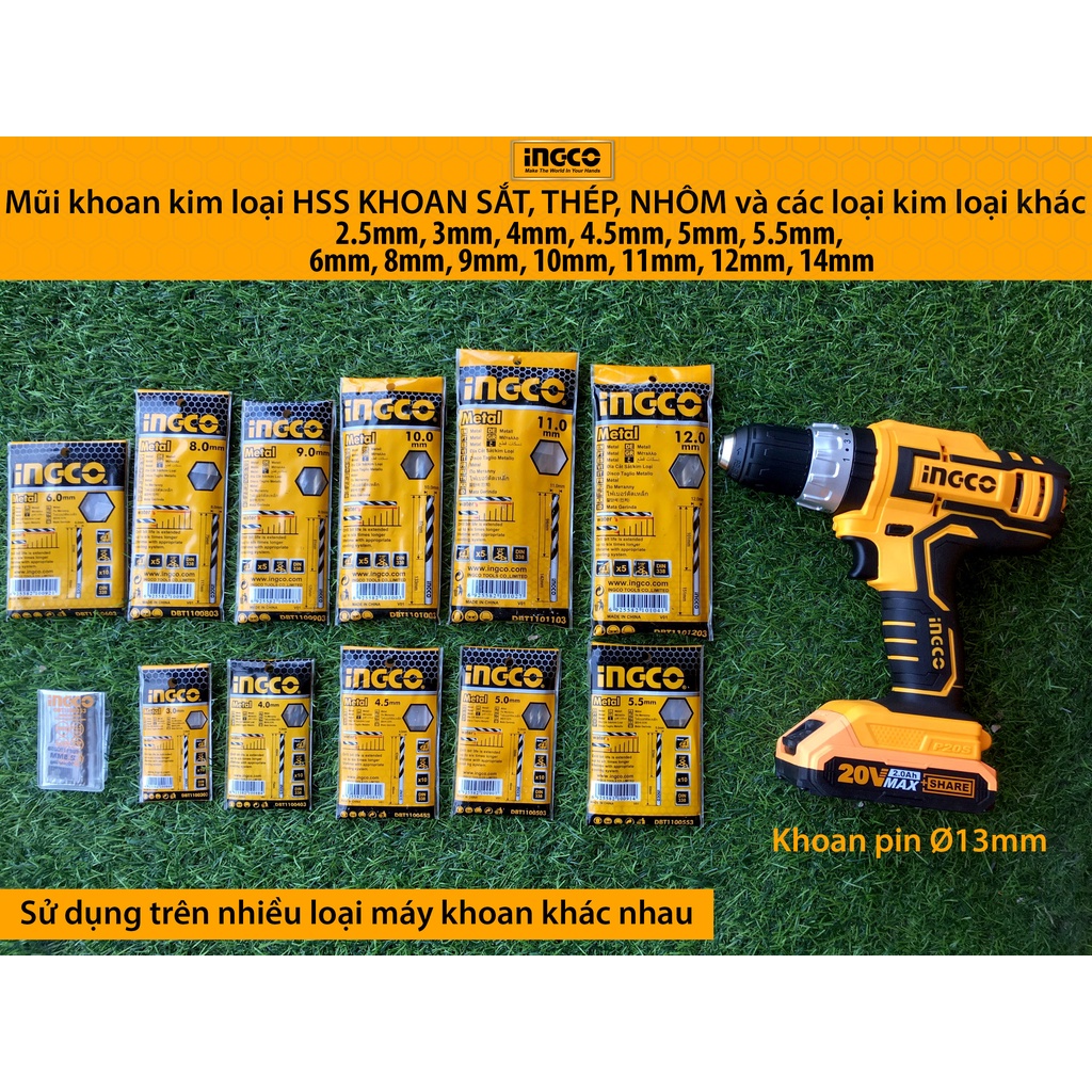 Bộ 10 mũi khoan kim loại HSS Ø 4.5mm (sắt, nhôm, thép) Ingco DBT1100453 dài mũi 80mm chiều dài sử dụng 47mm