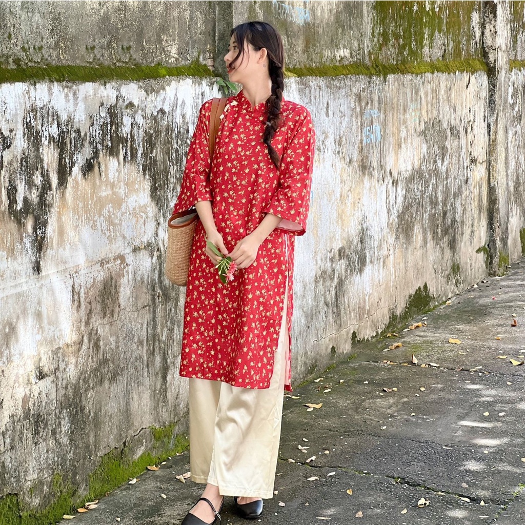 Áo dài cách tân dáng suông tay lỡ họa tiết hoa nhí lụa Hàng Châu cao cấp mềm mát, áo dài thắt nơ vai trẻ trung rất đẹp