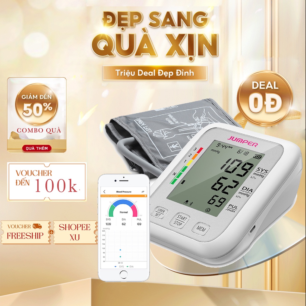 Máy đo huyết áp omron điện tử bắp tay Jumper JPD-HA120, Kết nối Bluetooth + APP, (FDA Hoa Kỳ + xuất USA)