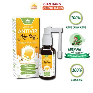 Chai xịt họng Antivir Keo ong xuyên tâm liên Vimos giúp hạn chế viêm lợi, nhiệt miệng, giảm ho,đau rát họng chai 30ml