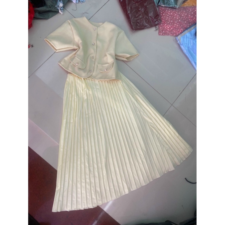 SET BỘ ĐỒ NỮ ÁO TAY NGẮN GÀI NÚT MIX CHÂN VÁY DÀI DẬP LY NHANH TAY ĐẶT LIỀN NGAY THÔI CHỊ EM ƠI ĐI CHƠI DỰ TIỆC BAO ĐẸP