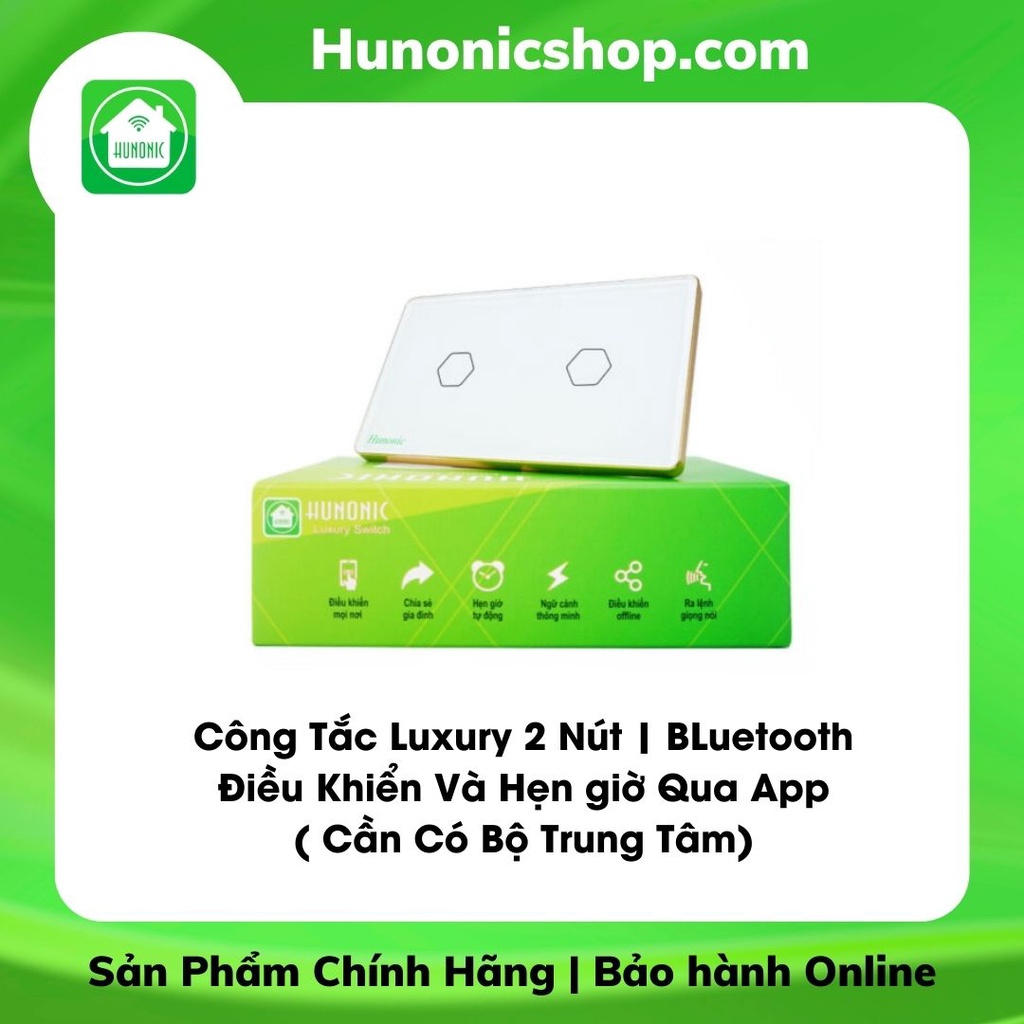 Công Tắc Cảm Ứng Hunonic Luxury Hình Chữ Nhật Viền Vàng, 2 Nút, Màu Trắng
