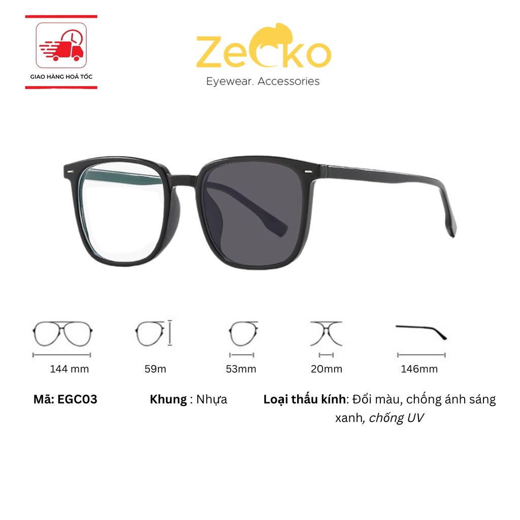 Gọng kính vuông nam nữ đổi màu giả cận Zecko EGC03, chống ánh sáng xanh, tia UV