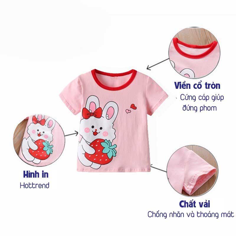 Áo phông áo thun cộc tay TANOSA in hình thỏ dâu tây chất cotton cổ tròn viền size 13-33kg