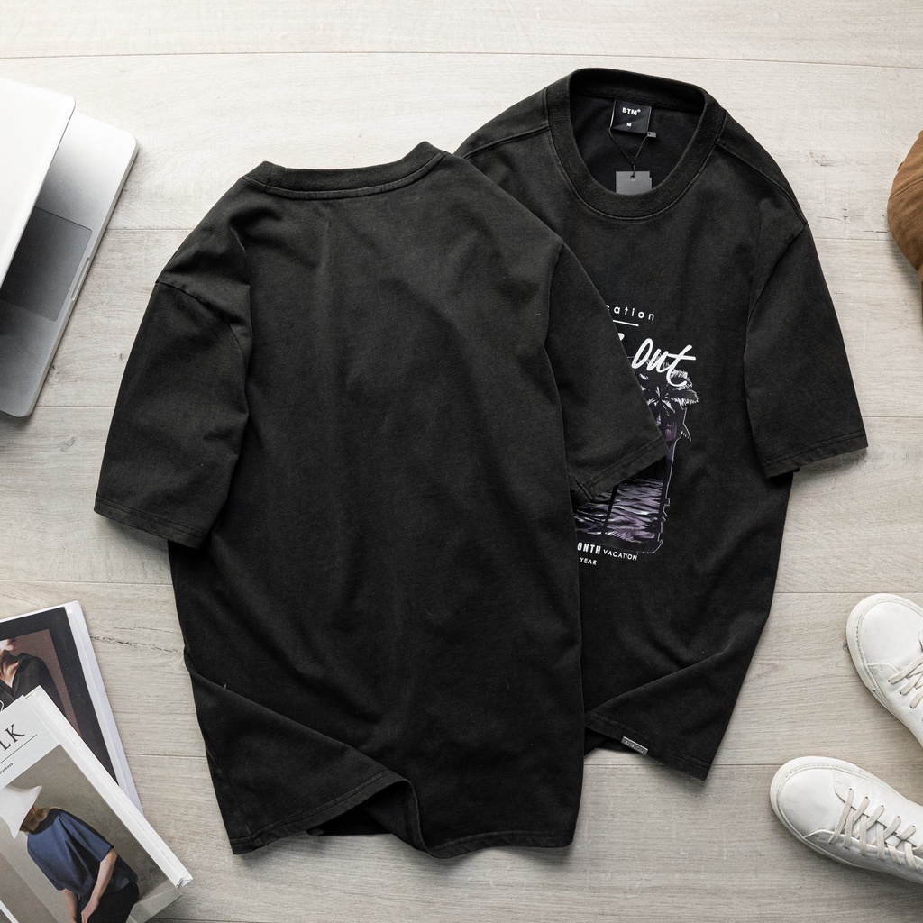 Áo thun thời trang nam, áo phông nam tay lỡ wash màu bụi cá, chất cotton dày mịn