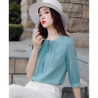 Áo Sơ Mi trung niên nữ U30 U40 U50, Áo Công Sở Nữ Tay Lỡ Họa Tiết Dây Nơ Vải Voan Thanh Lịch,Thời trang công sở_Store