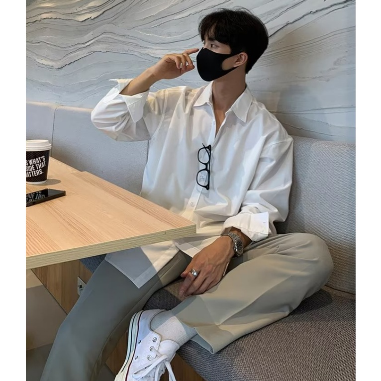 ✦AFFLIGA✦Áo Thun Tay Dài Dáng Rộng Màu Trơn Đơn Giản Trẻ Trung Hợp Thời Trang Cho Nam