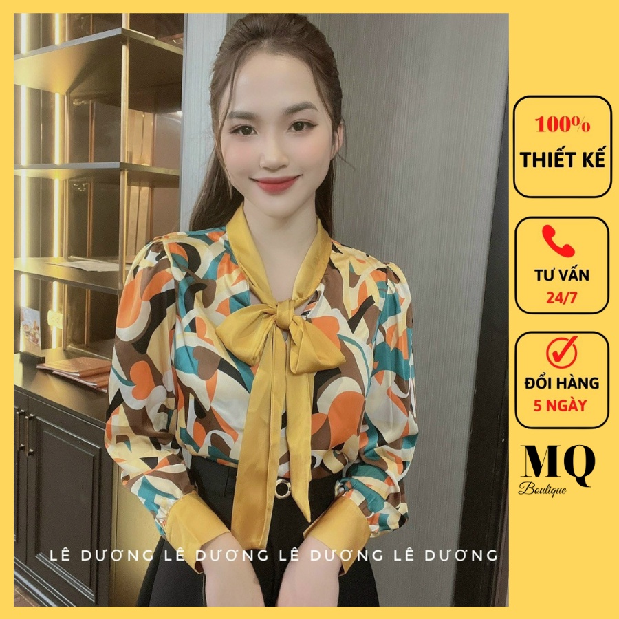 Áo lụa sơ mi dài tay phối bồng nhẹ cổ buộc nơ họa tiết nhiều màu thiết kế cao cấp, áo sơ mi thiết kế MQ Boutique