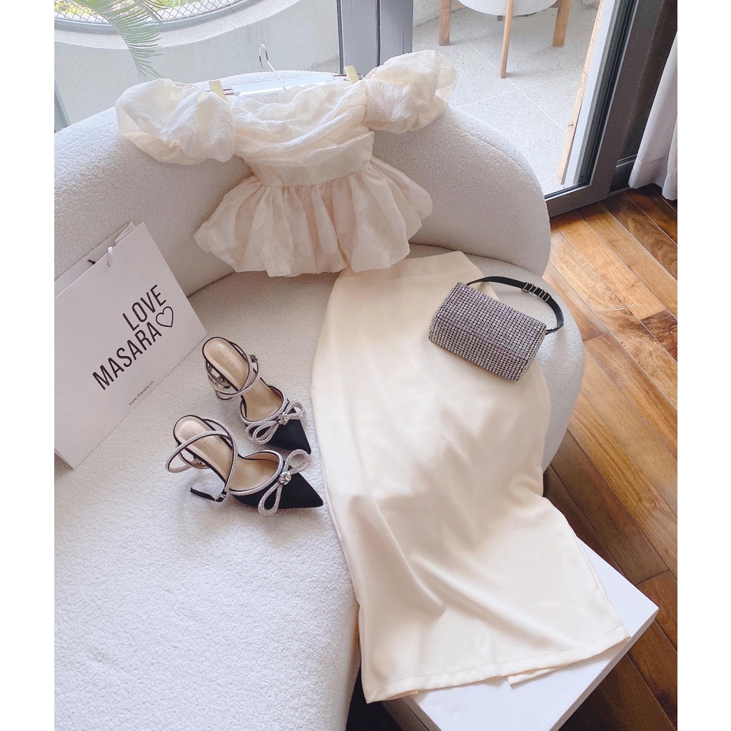 SET ÁO NUDE XOÈ RỚT TAY HOA NỔI + CHÂN VÁY MIDI