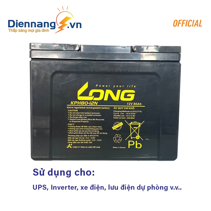 Ắc quy Long KPH80-12N , ắc quy cho UPS, Inverter, xe điện, lưu điện dự phòng v.v chính hãng, bảo hành 12 tháng