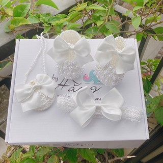 Combo giày trắg nơ ngọc cho bé