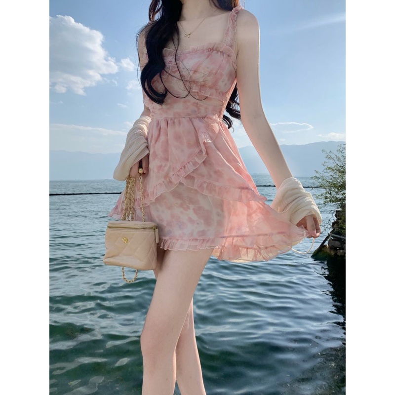 Lalisas set Đầm Dây Không Đều Thiết Kế Ngọt Ngào + Khăn Choàng Trắng Thời Trang Cho Nữ (Đặt Hàng)