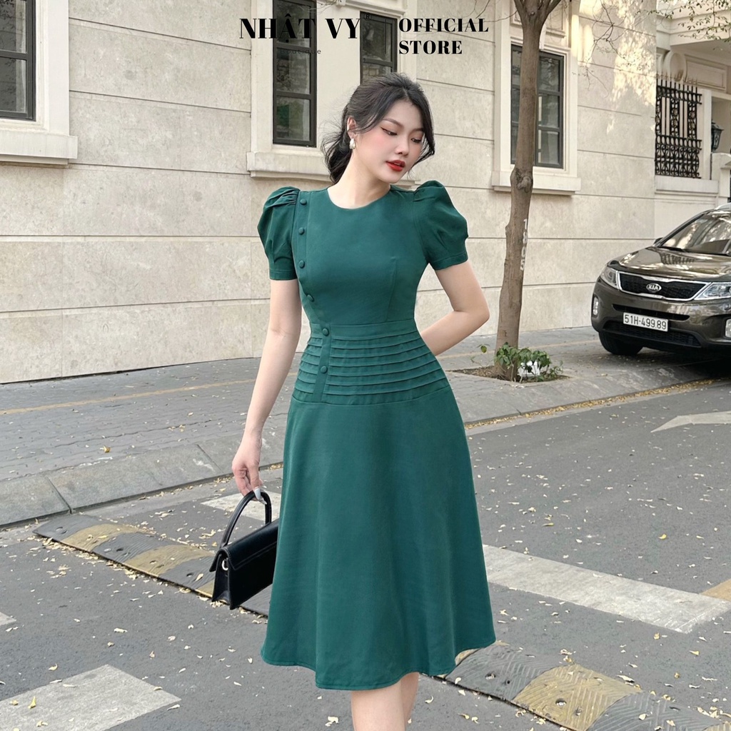 Đầm dự tiệc Nhật Vy cổ tròn đính cúc bọc eo dập ly dáng xoè chất lụa phù hợp công sở đi chơi thanh lịch - D2663