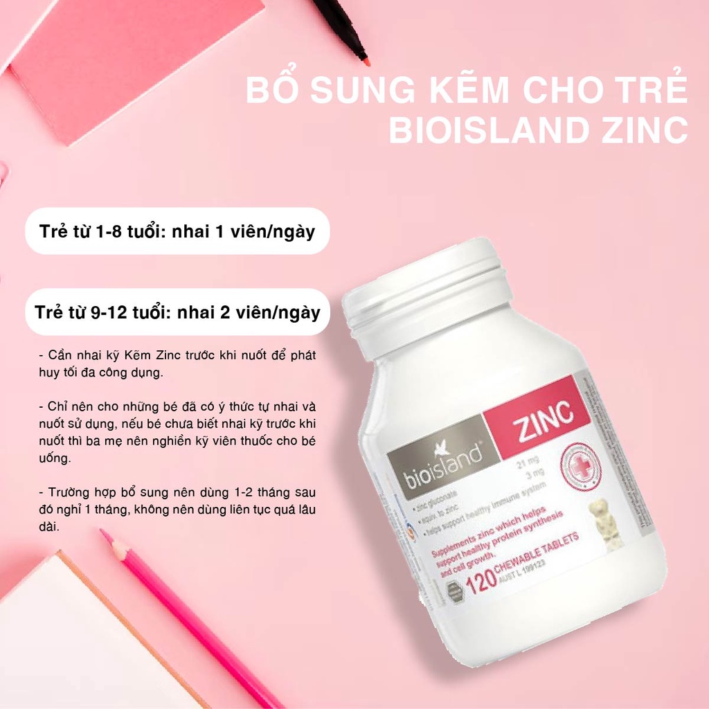 Viên uống bổ sung kẽm cho trẻ Bio Island Zinc tăng cường hệ miễn dịch 120 viên của Úc