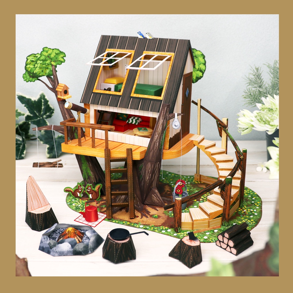 Mô hình handmade bằng giấy - Ngôi nhà trên cây (Treehouse - Papercraft) (Tặng kèm 1 tấm decal "money chibi")