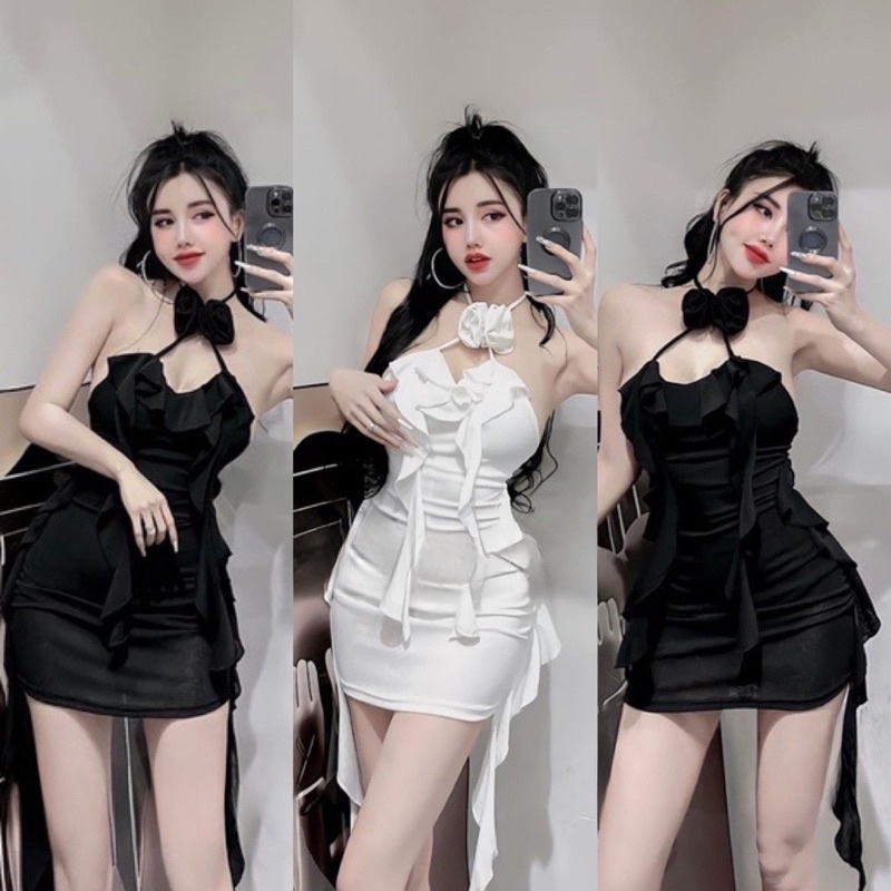 Đầm Dẻo Dày Yếm Bèo Tua Rua Hot Dáng Ngắn Ôm + Vòng Hoa Đính